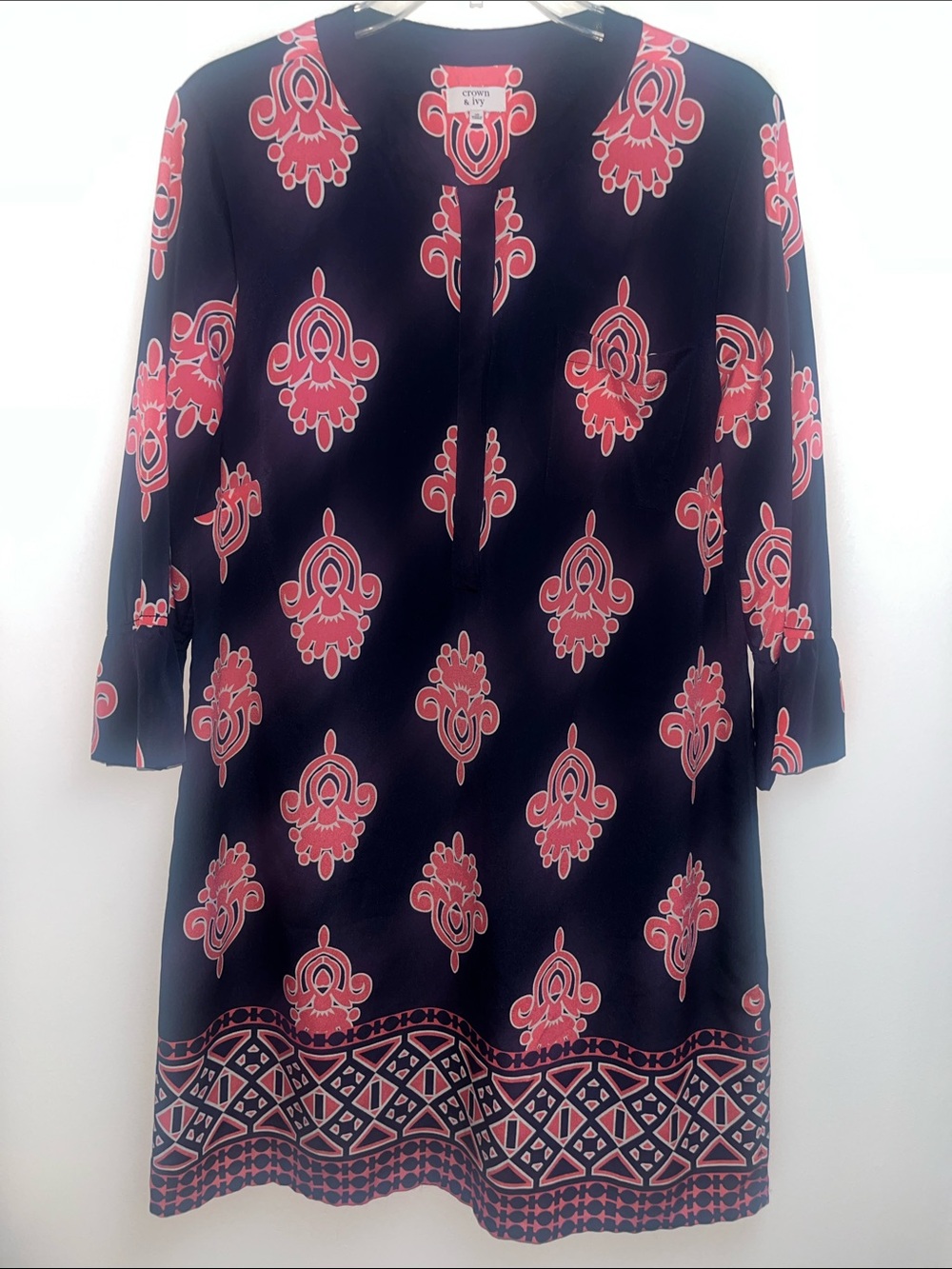 Crown & Ivy Navy Dress with Pink Paisley Medallion Border Trim Sz 16